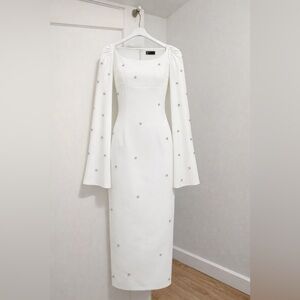 Elegant White Dress with Embellishments - Detached Cape